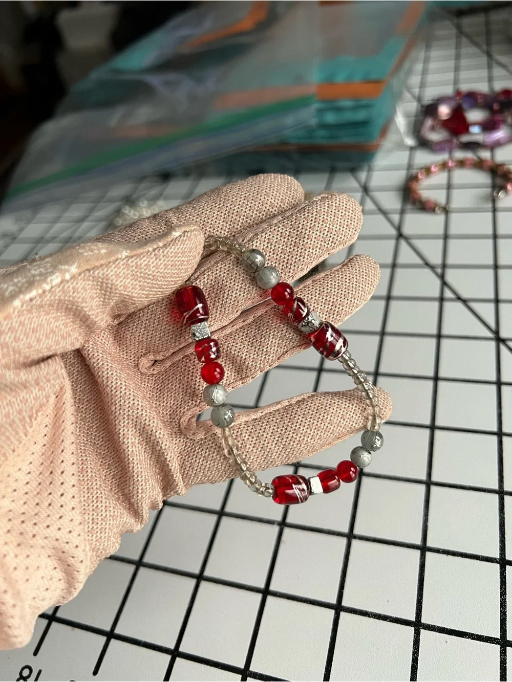 Handmade Red & Silver Glass Beaded Elastic Statement Bracelet